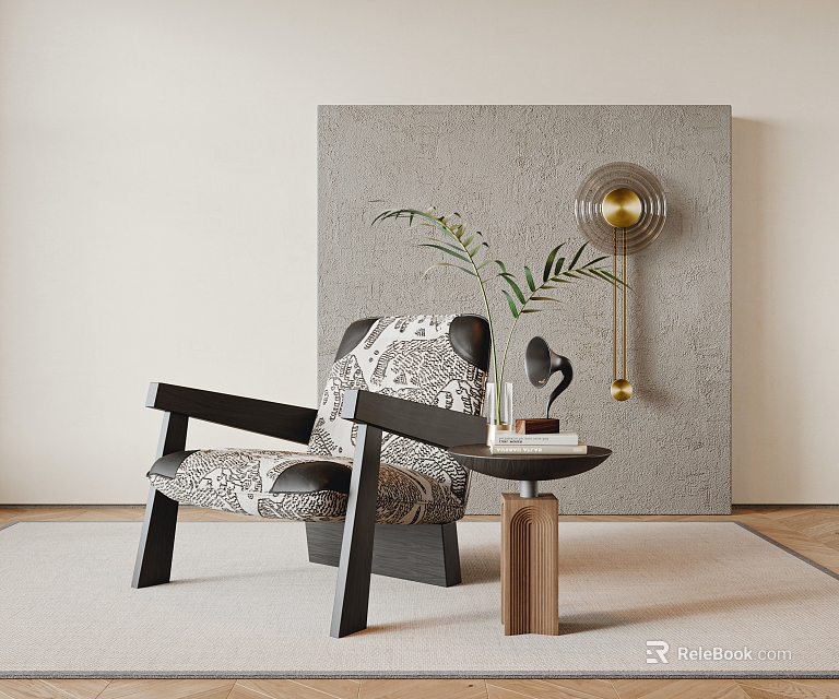Modern Stylish Lounge Chair With Patterned Upholstery Wooden Side Table And Green Plant 3d model 
