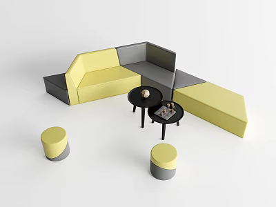 Modern L Shaped Yellow Gray Sofa with Black Coffee Table and Matching Stools 3d model