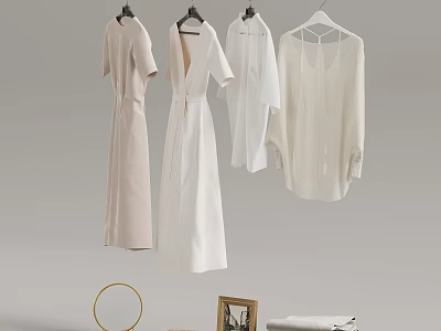 White Dresses And Shirts Hanging With Decorative Mirror Photo Frame And Folded Fabric 3d model