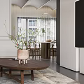 Modern Open Living Dining Area With White Sofa Coffee Table Abstract Painting And Potted Plant