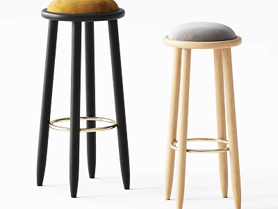 Stylish Bar Stools With Black Frame Yellow Seat Light Wood Gray Cushion And Metal Rings 3d model