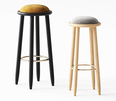 Stylish Bar Stools With Black Frame Yellow Seat Light Wood Gray Cushion And Metal Rings 3d model