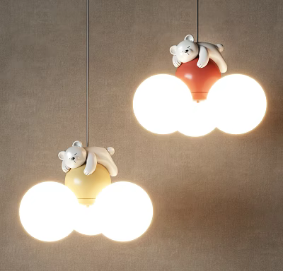 Cute Bear Decorated Cloud Shaped Pendant Light With Yellow Red Lampshade 3d model