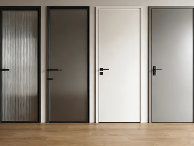 Modern Hinged Doors In Various Colors With Black Handles On Wooden Floor 3d model