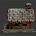Gingerbread House with Frosting Decorated Roof Colorful Candies and Small Figurine on White Base