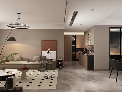 Modern Living and Dining Room Interior Design With Beige Sofa Patterned Rug And Pendant Light 3d model