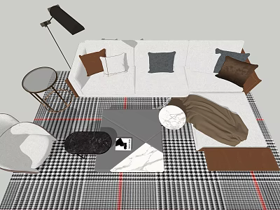 Modern Sofa And Coffee Table Set With Plaid Rug Brown Gray Pillows And Floor Lamp 3d model