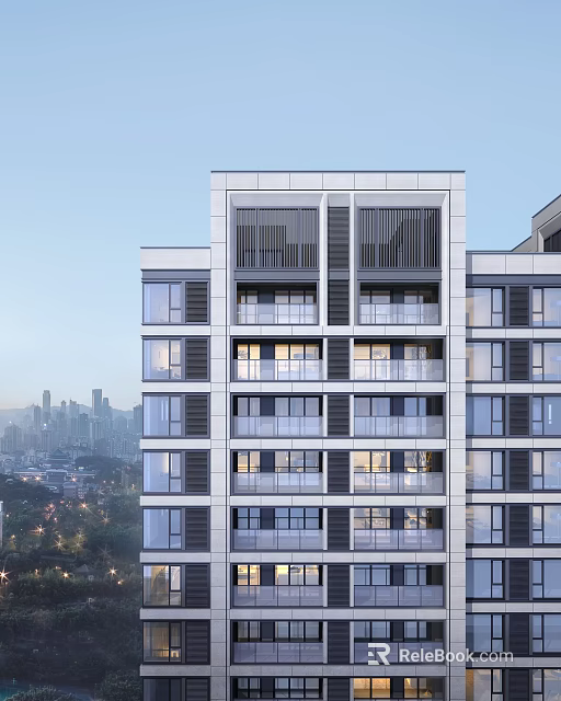 Modern High Rise Residential Building With Large Windows And Balconies Overlooking City View 3d model 