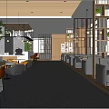 Modern Café Interior With Wooden Ceiling Pendant Lights Greenery Long Bar Counter And Orange Chairs