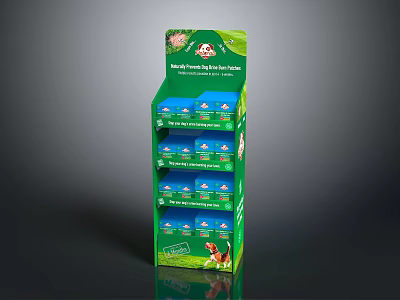 Green Multi Tiered Display Shelf For Blue Packaged Dog Treats With Puppy Design 3d model