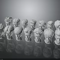 White Character Head Models With Various Hairstyles Arranged On Reflective Surface 3d model