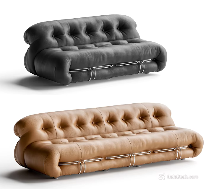 Tufted Leather Sectional Sofa In Black And Brown With Metal Accents For Living Room 3d model 