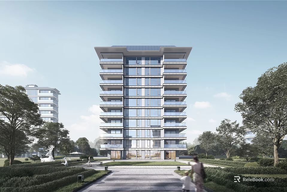 Modern High Rise Residential Building With Glass Windows Balconies And Surrounding Greenery Trees 3d model 