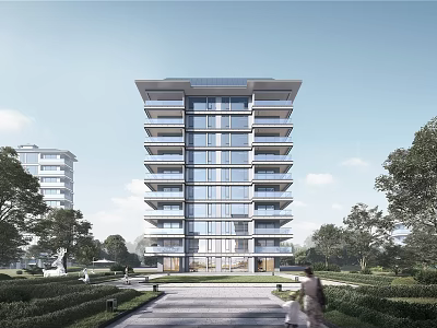 Modern High Rise Residential Building With Glass Windows Balconies And Surrounding Greenery Trees 3d model