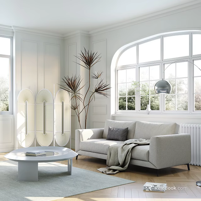 Light Two Seater Sofa With Throw Pillow Blanket White Coffee Table In Bright Living Room 3d model 