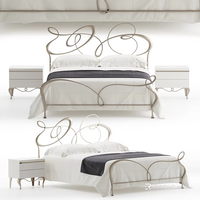 Elegant Double Bed With Curved Metal Headboard White Bedding Dark Blanket And Bedside Tables 3d model 