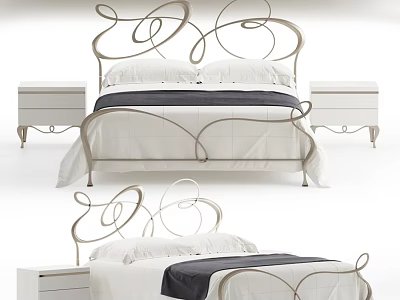 Elegant Double Bed With Curved Metal Headboard White Bedding Dark Blanket And Bedside Tables 3d model