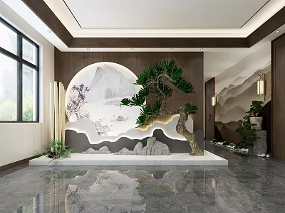 Modern Shop Front Desk Interior Design With Elegant Landscape Painting And Green Plants 3d model