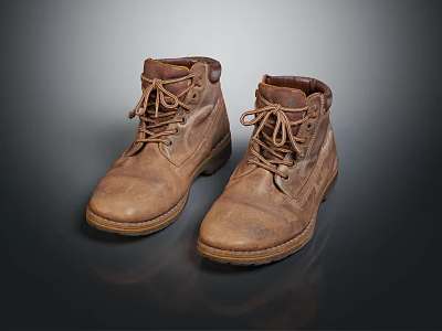 Brown Leather Boots With Laces Distressed Vintage Style Rubber Sole Casual Work Wear 3d model