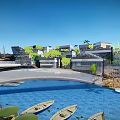 Modern Commercial Street With Waterway Palm Trees Ferris Wheel Shops And Open Spaces
