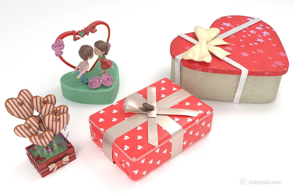Decorative Ornament Set With Heart Shaped Gift Boxes Bows And Couple Figurine 3d model 