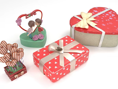 Decorative Ornament Set With Heart Shaped Gift Boxes Bows And Couple Figurine 3d model