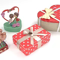 Decorative Ornament Set With Heart Shaped Gift Boxes Bows And Couple Figurine