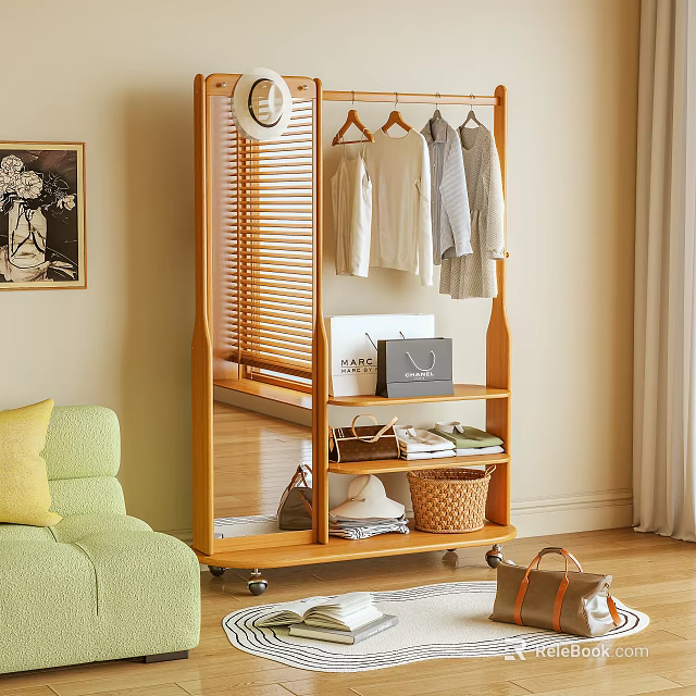 Wooden Rolling Clothes Rack With Hanging Clothes Shelves Bags Basket And Folded Clothes 3d model 