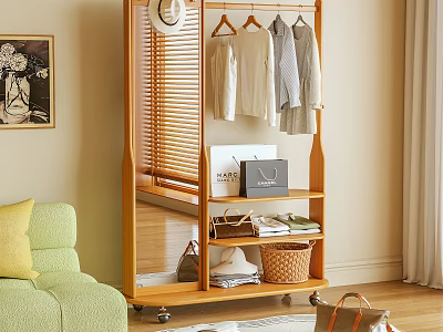 Wooden Rolling Clothes Rack With Hanging Clothes Shelves Bags Basket And Folded Clothes 3d model