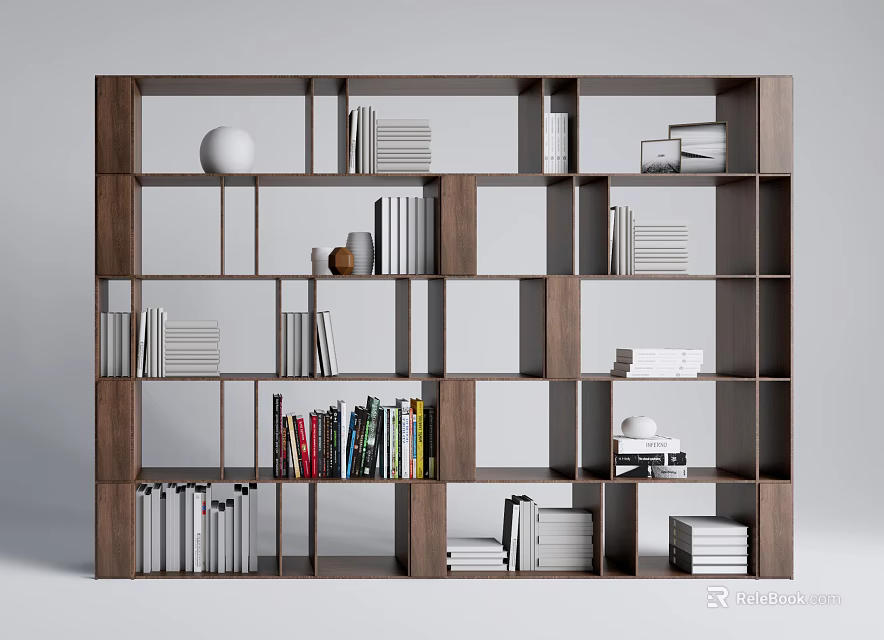 Modern Wooden Bookshelf With Layered Compartments Neatly Arranged Books And Decorative Pieces 3d model 