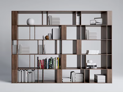 Modern Wooden Bookshelf With Layered Compartments Neatly Arranged Books And Decorative Pieces 3d model