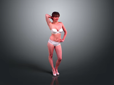 White Lingerie Model Posing With One Hand On Head And White Heels 3d model