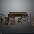 Vintage Wooden Equipment Collection Featuring Cart Barrels Boxes And Racks