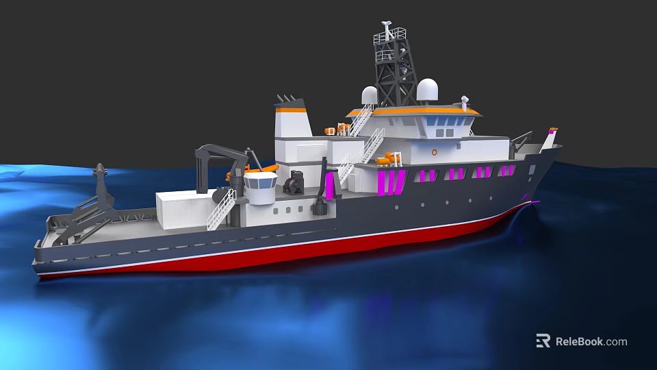 Modern Professional Ship With Red Hull White Superstructure And Navigation Equipment On Blue Water 3d model 