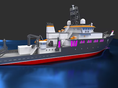 Modern Professional Ship With Red Hull White Superstructure And Navigation Equipment On Blue Water 3d model