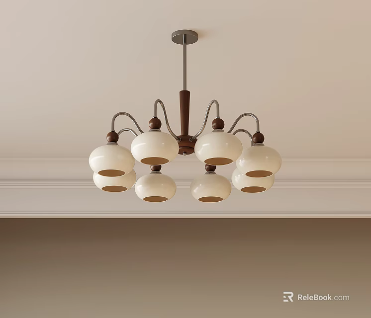 Elegant Modern Chandelier With Six White Ceramic Shades And Wooden Frame Ceiling Lighting Fixture 3d model 