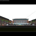 Multi Story Red Brick School Building With Front Plaza Green Lawn And Palm Trees