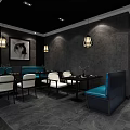 Modern Restaurant Interior With Blue Sofas Pendant Lights And Dining Tables 3d model
