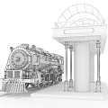 Red Steam Train At Vintage Station With Yellow Building And Brick Pillars On Tracks