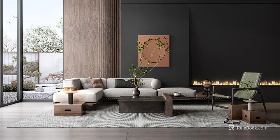 Modern Light Gray Sofa and Dark Wooden Coffee Table Set with Green Plant and Fireplace 3d model 