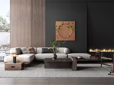 Modern Light Gray Sofa and Dark Wooden Coffee Table Set with Green Plant and Fireplace 3d model