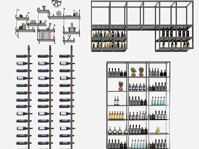 Modern Wine Cabinet Design With Multiple Shelves Bottles And Decorative Plants 3d model