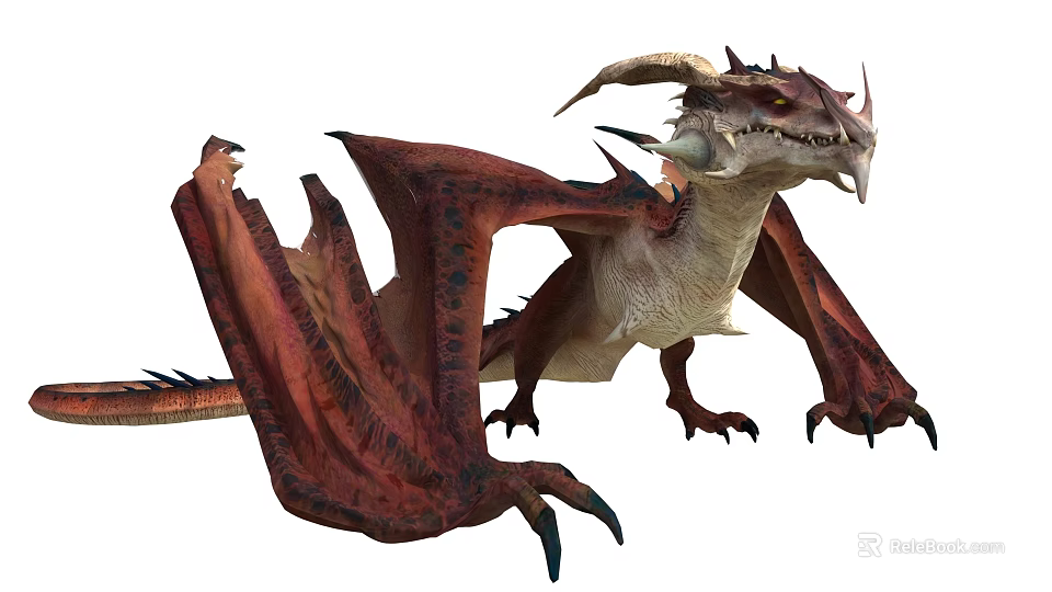 Red Mythical Dragon With Spread Wings Horns Sharp Claws And Fangs 3d model 