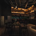 Elegant Modern Restaurant Interior With Dark Tables Chairs Lattice Wall Ceiling Fans And Wine Shelves