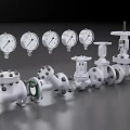 Industrial Valves And Pressure Gauges Display On Reflective Metallic Surface