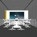 Modern Conference Room Interior With White Chairs Yellow Seats Large Screen And Ceiling Lighting