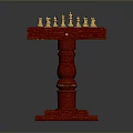 Red Wooden Chess Table With Black And White Pieces On Pedestal Stand
