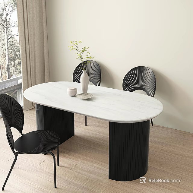 Oval White Marble Dining Table with Black Striped Legs and Black Chairs in Modern Interior 3d model 