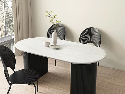Oval White Marble Dining Table with Black Striped Legs and Black Chairs in Modern Interior 3d model