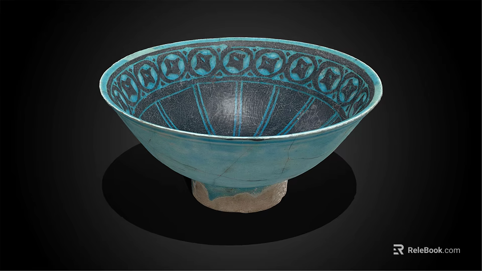 Turquoise Ceramic Bowl Featuring Intricate Decorative Patterns And Light Colored Base 3d model 